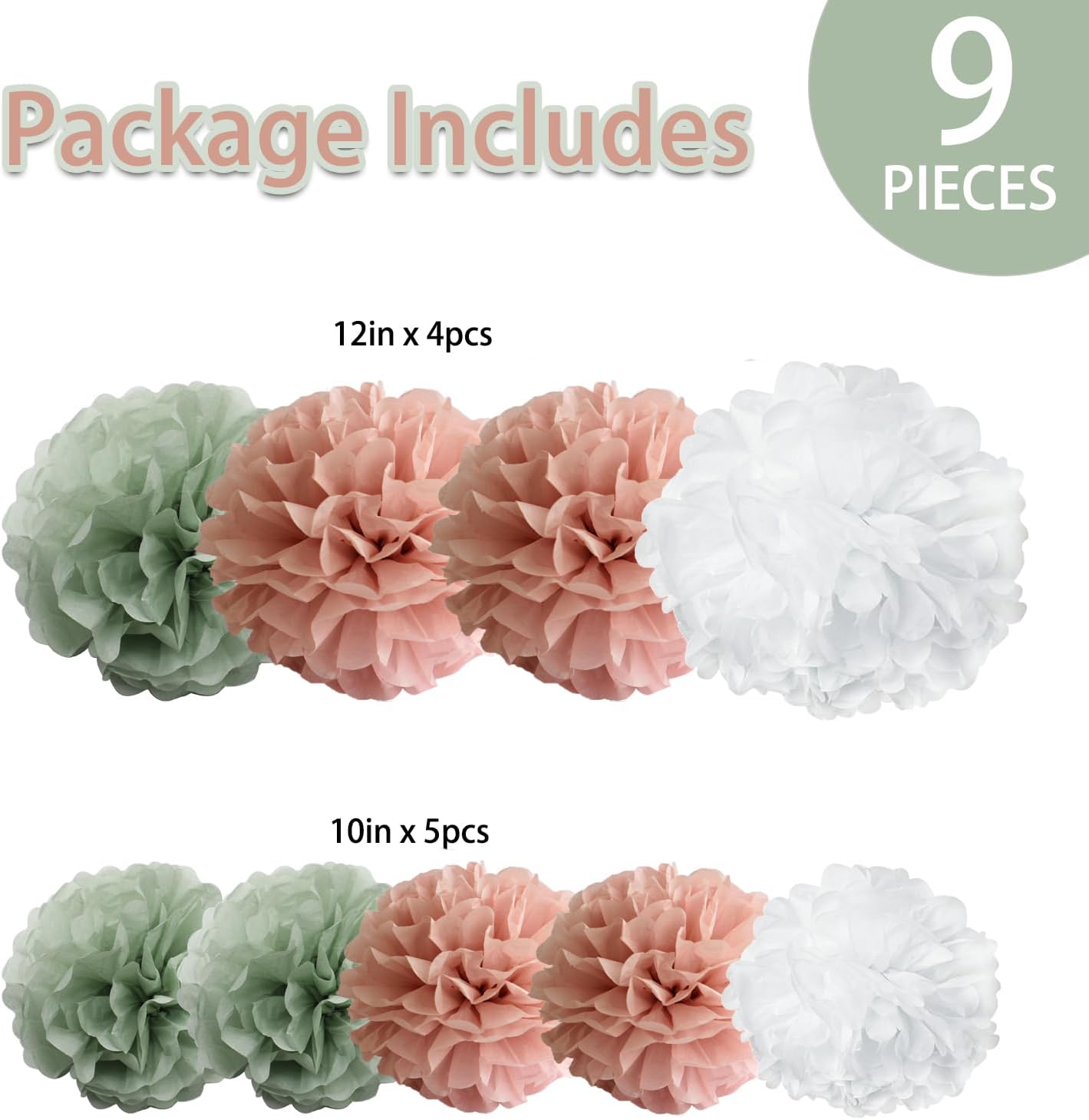 Sage Green Pink Tissue Paper Pom Poms 12 10 Set