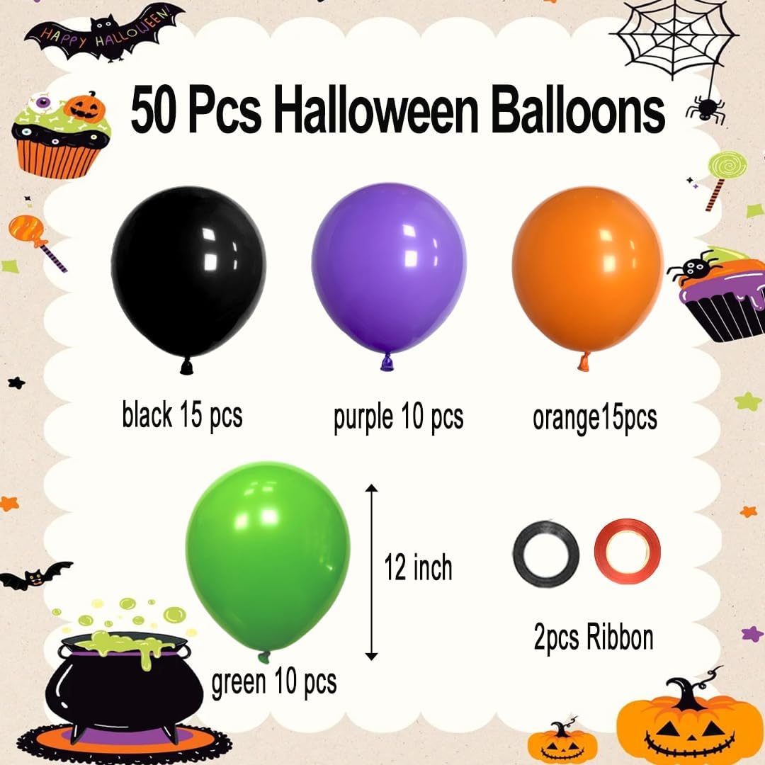 Halloween Balloons Set 50Pcs Black Purple Orange Green 12inch
