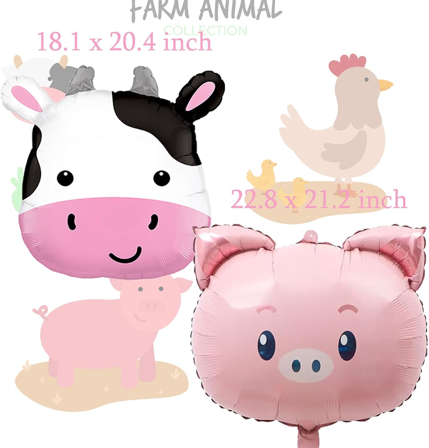 8Pcs Farm Animal Balloons Cow Pig Sheep Chicken Foil Decorations