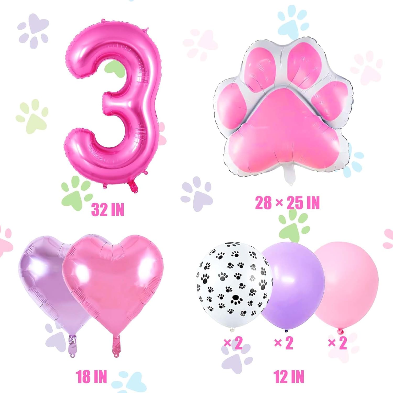 Pink Dog Birthday Balloons Set with Paw Print and Hearts