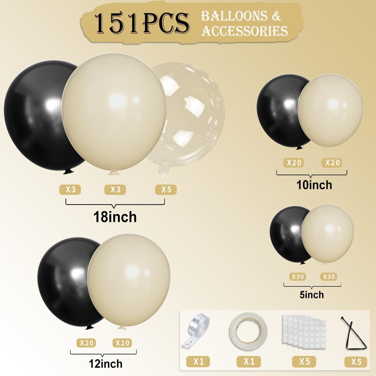 White Sand Black Balloons Arch with Bobo Balloons 151Pcs Kit