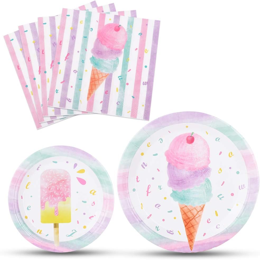 WERNNSAI Ice Cream Plates and Napkins Set for 16 Guests