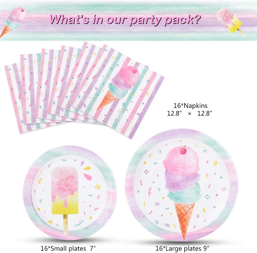WERNNSAI Ice Cream Plates and Napkins Set for 16 Guests