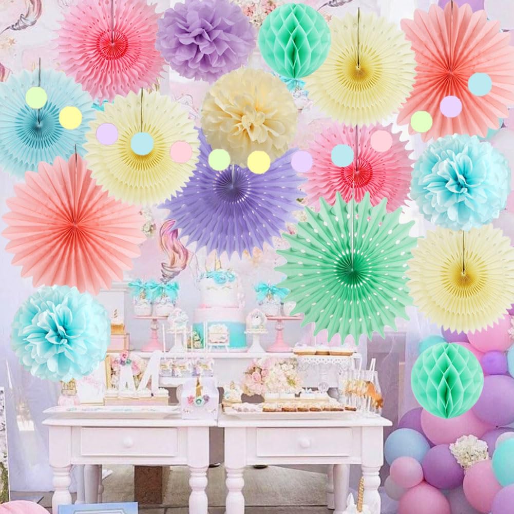 Pastel Party Decorations Kit 4pcs Fans 6pcs Pom Poms