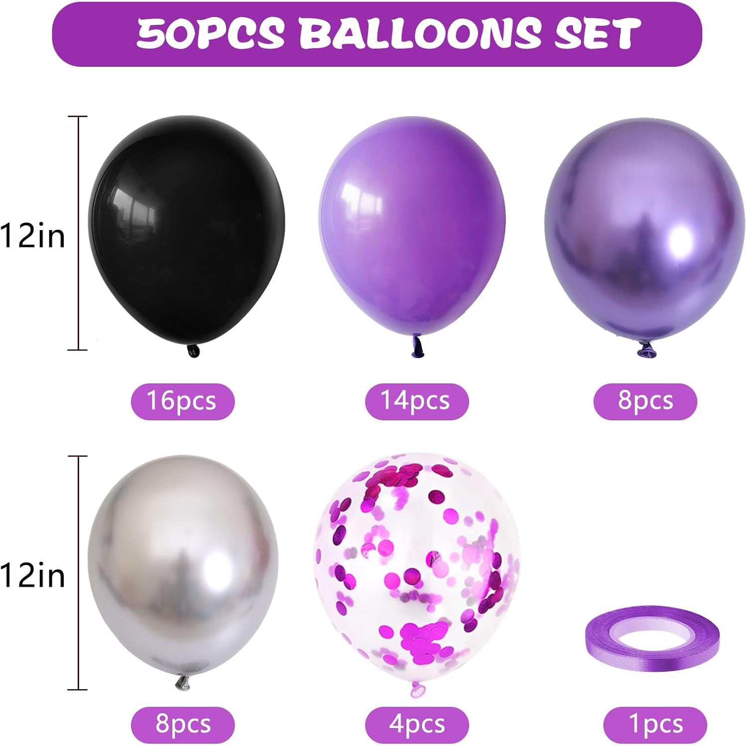 50pcs Purple Black Balloons with Ribbons Confetti for Halloween Birthdays Anniversaries Graduations