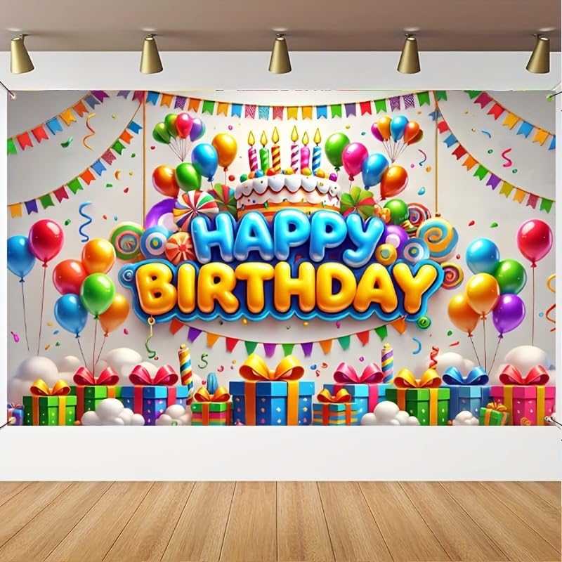 Happy Birthday Backdrop with Balloons and Cake 71x43 Inch Decor