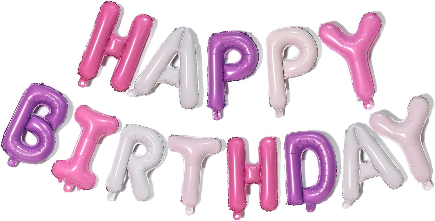 Purple Pink Happy Birthday Balloons Banner 16 Inch
