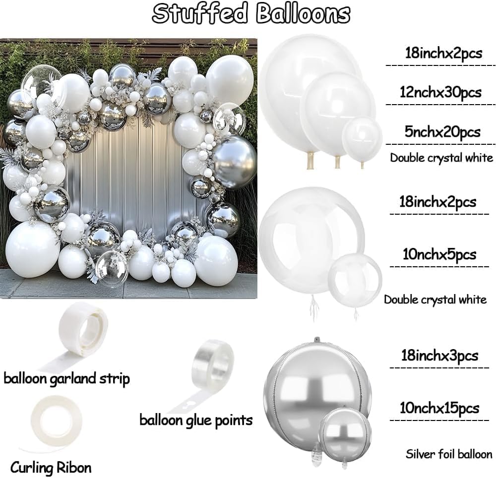 White Silver Balloon Garland with Foil Balloons for Parties and Celebrations