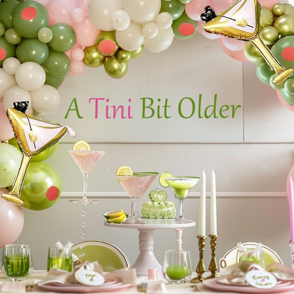 Martini Birthday Balloon Garland Kit 136Pcs Olive Green Pink White with Metallic Lime
