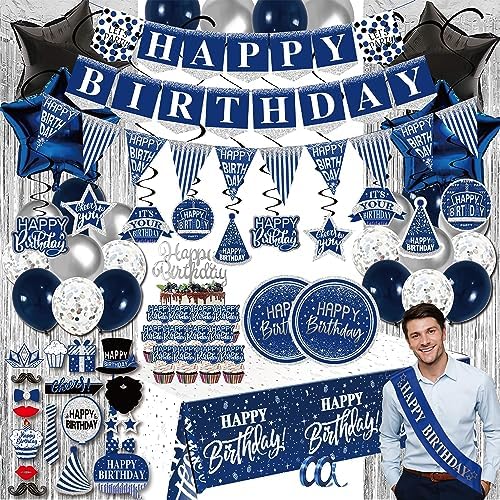 Birthday Decorations for Men Blue - 89pcs Set