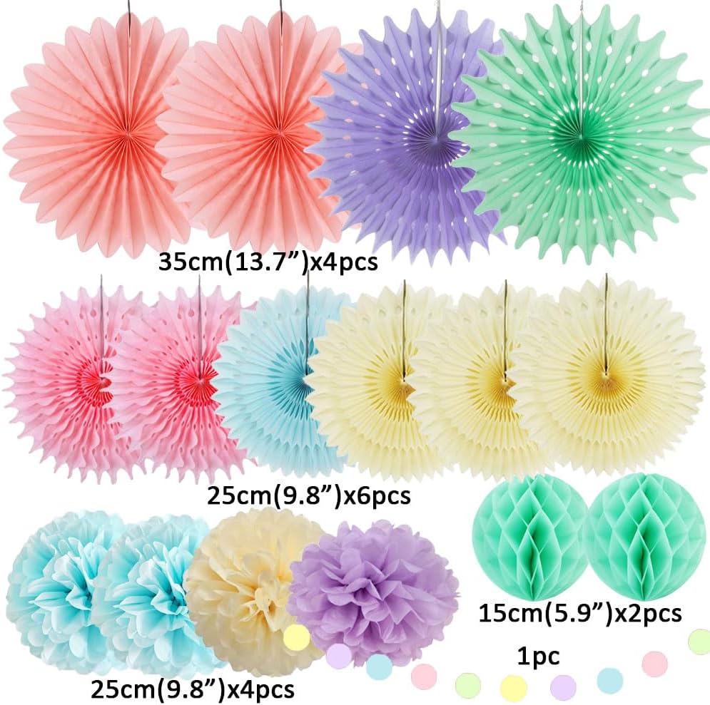 Pastel Party Decorations Kit 4pcs Fans 6pcs Pom Poms