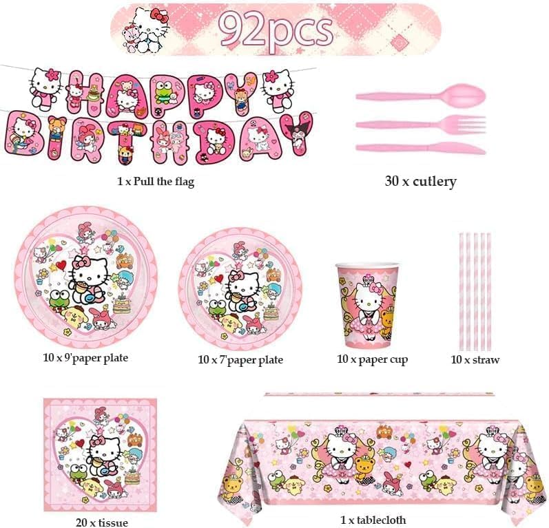 92pcs Kitty Birthday Party Tableware Set for Kids
