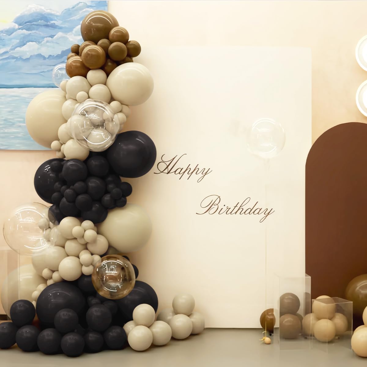 White Sand Black Balloons Arch with Bobo Balloons 151Pcs Kit