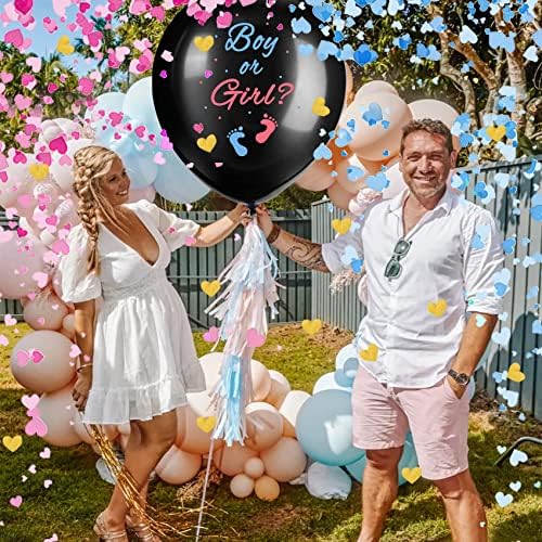 Gender Reveal Balloons 36 Inch Black with Pink and Blue Heart-Shaped Confetti