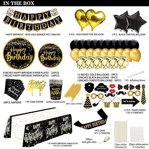 Black and Gold Birthday Decorations 169pcs for 24 Guests