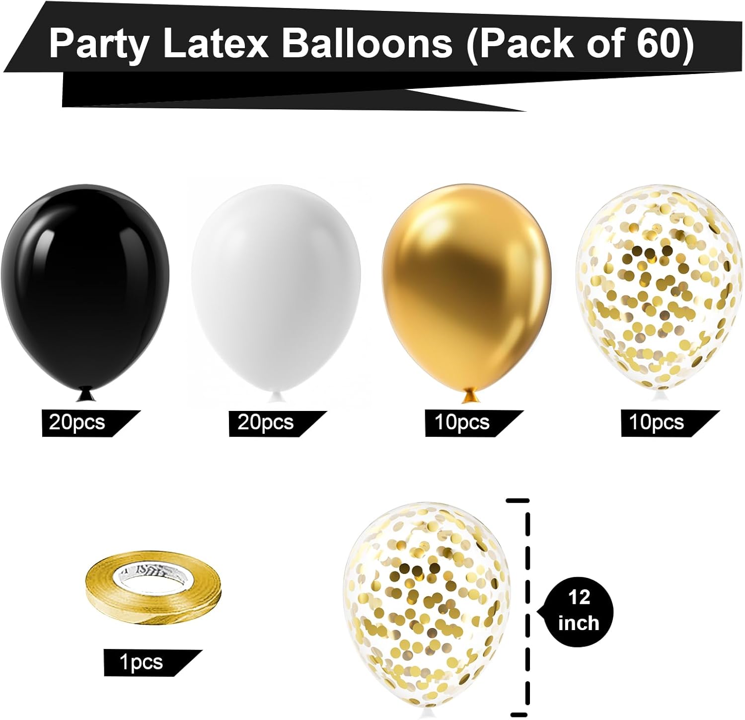 Bezente Black and Gold Confetti Balloons Set 60pcs 12 Inch