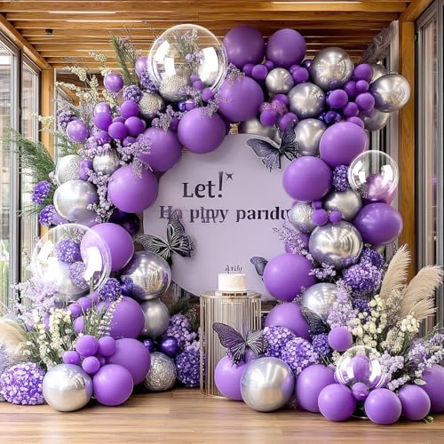 Purple Silver Balloon Arch Kit for Birthday Celebrations