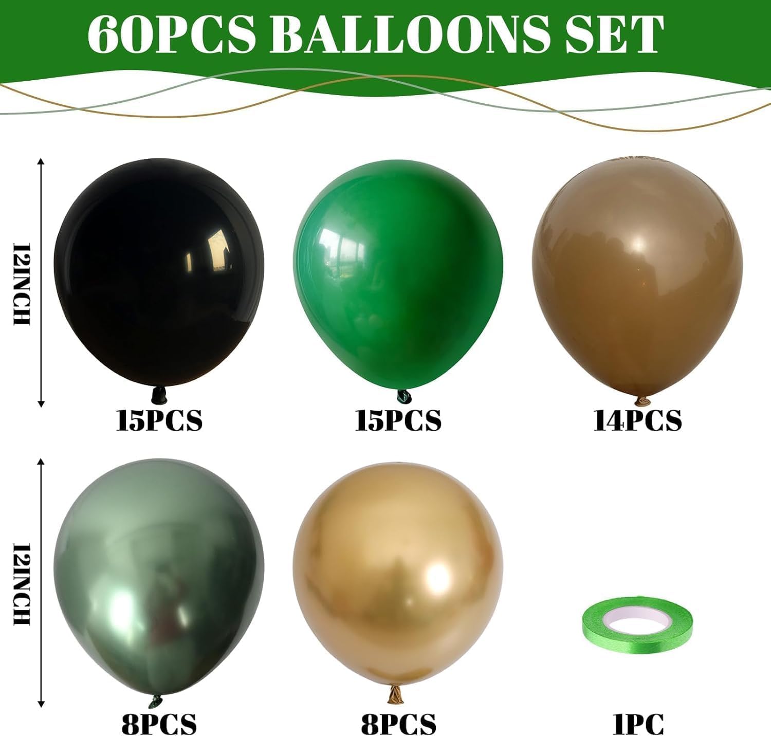 TAOYE 12 Inch 60 Pcs Green Brown Balloons Set