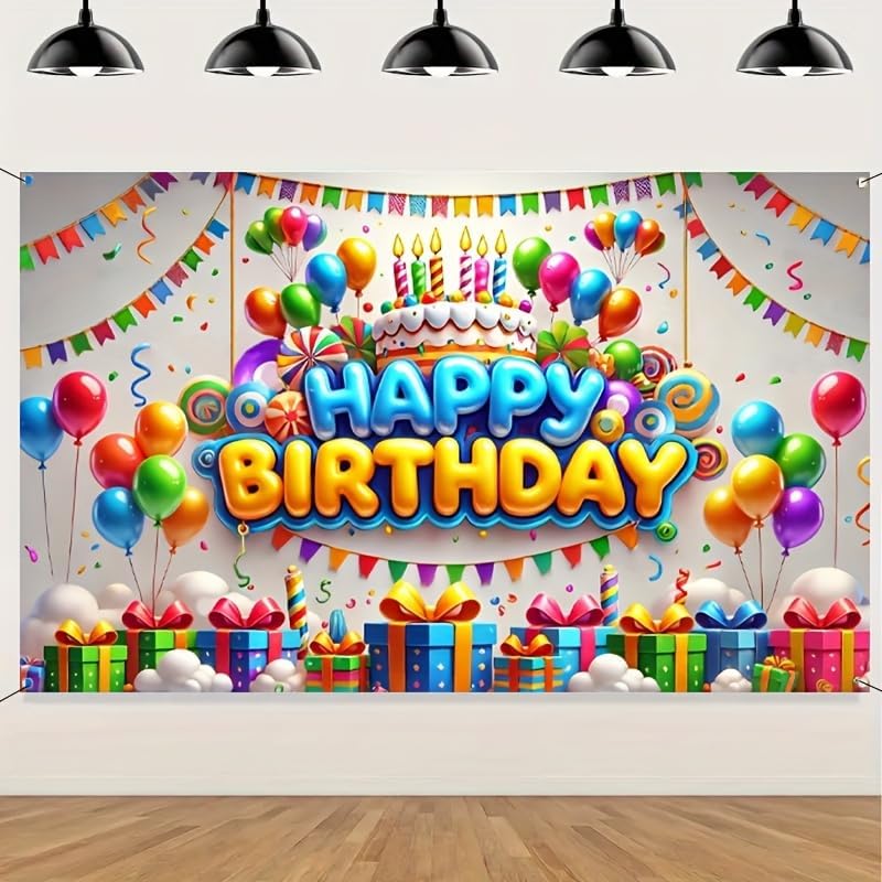 Happy Birthday Backdrop with Balloons and Cake 71x43 Inch Decor