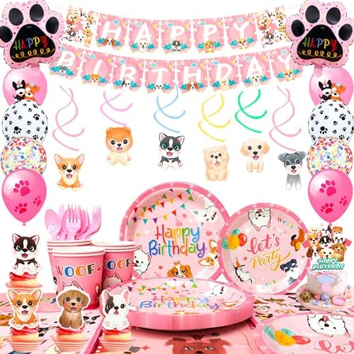Pink Puppy Birthday Decorations Set for 16 Guests