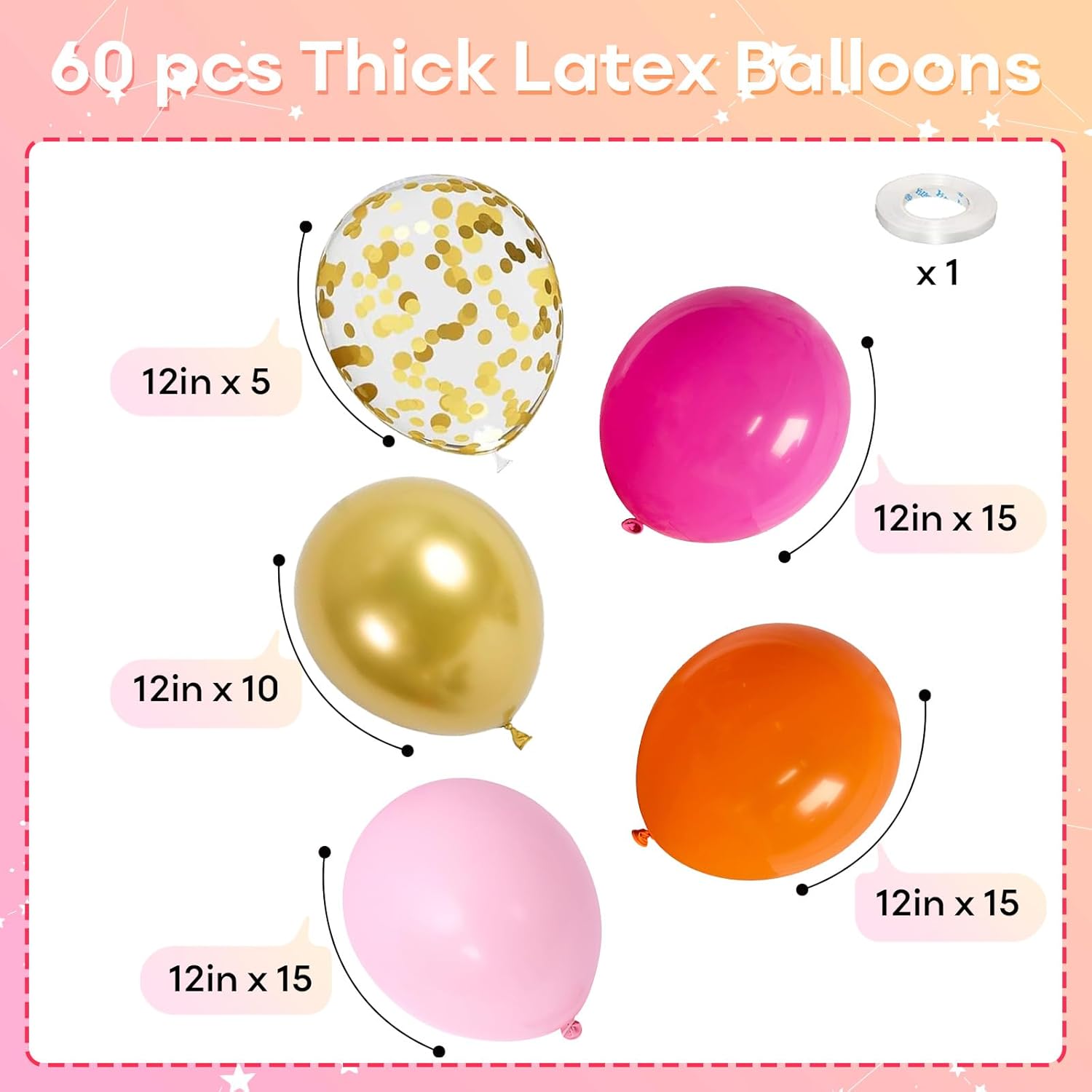 12 Inch Pink and Orange Balloons with Gold Confetti