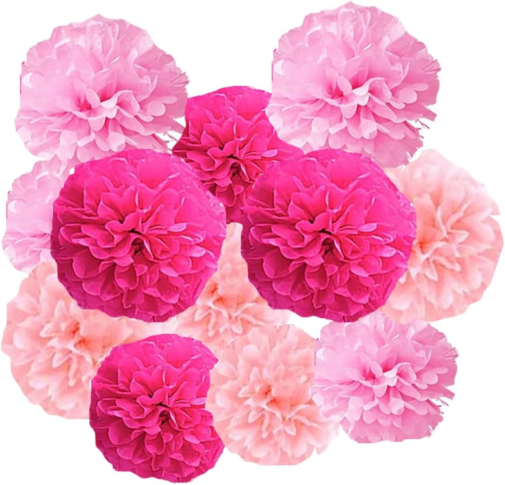 12pcs Pink Tissue Paper Pom Poms DIY Decor Kit