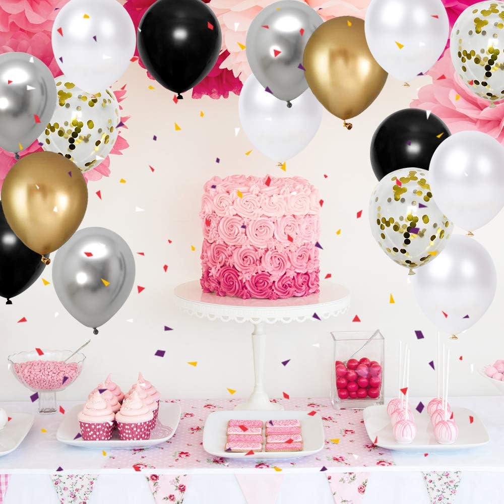 Black Gold Silver Party Balloons 50pcs 12 Inch Metallic Confetti Balloons with Ribbon
