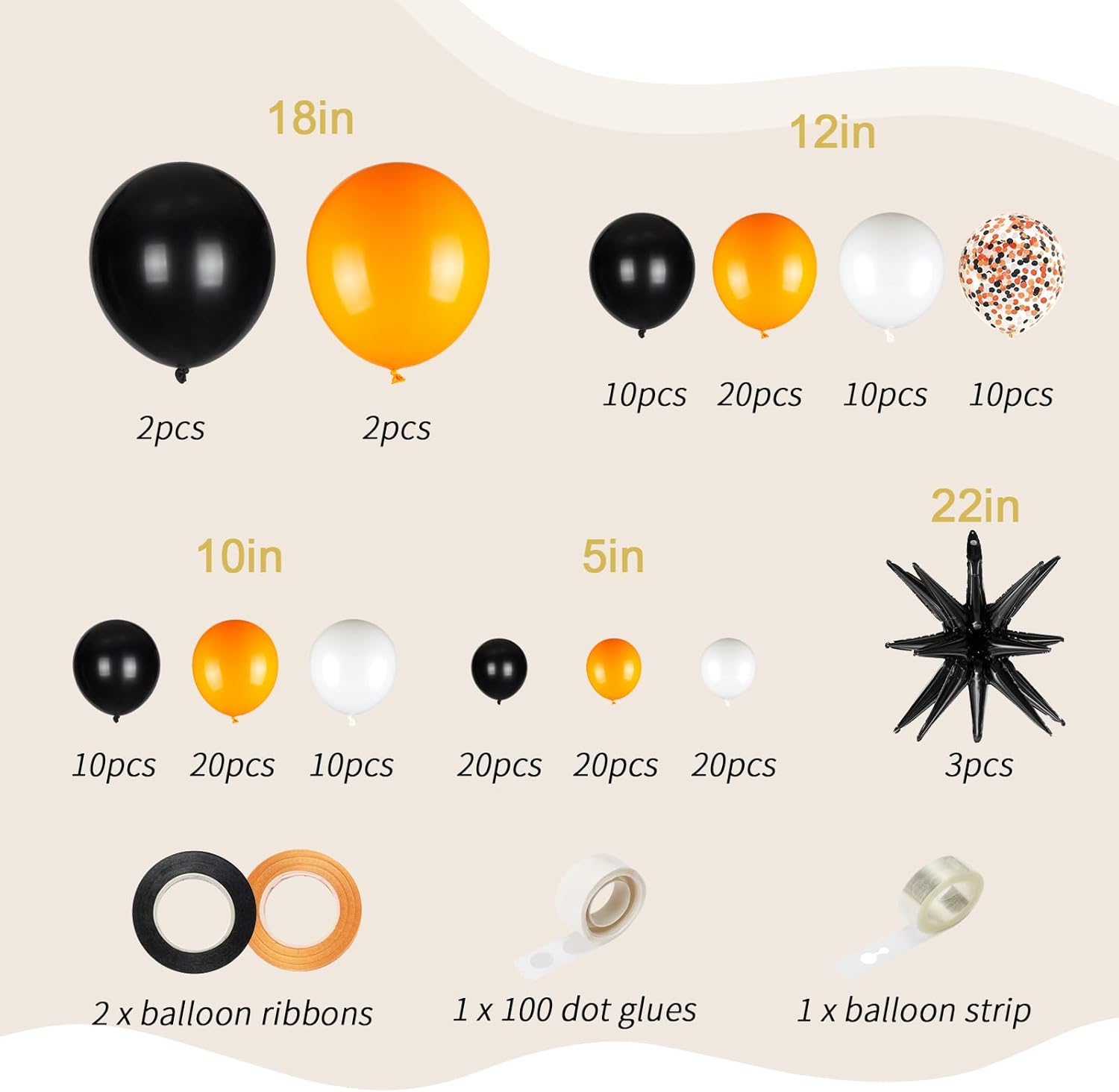 161pcs Black White Orange Balloons Arch Kit with Starburst Foil Balloons
