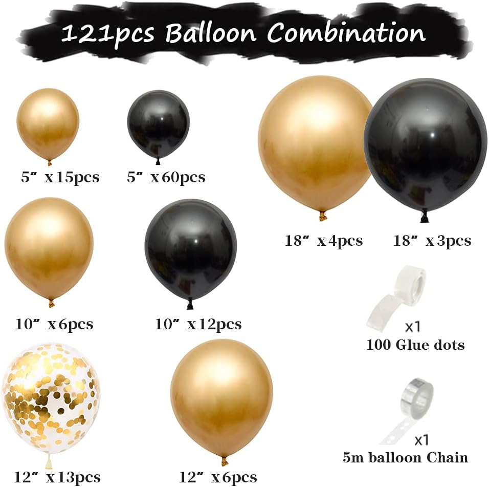 Beliueyes Black Gold Balloon Garland Arch Kit 121PCS