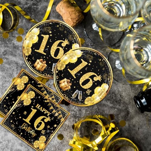 40PCS Black Gold 16th Birthday Party Decorations