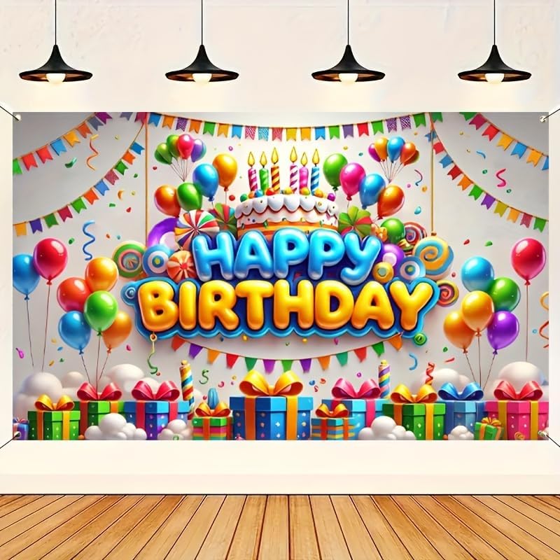 Happy Birthday Backdrop with Balloons and Cake 71x43 Inch Decor