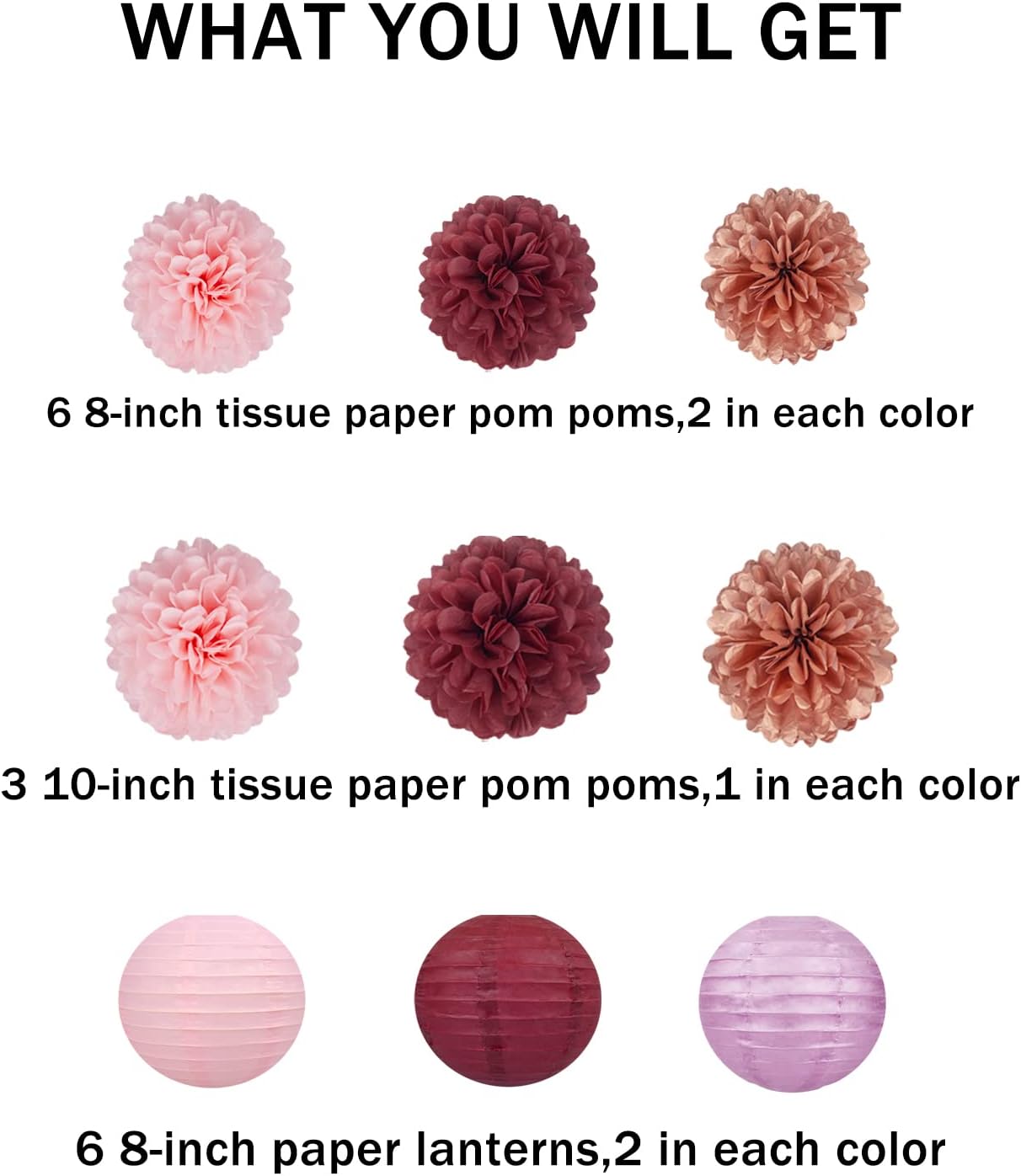 Rose Gold Pink Burgundy Party Decorations 15Pcs