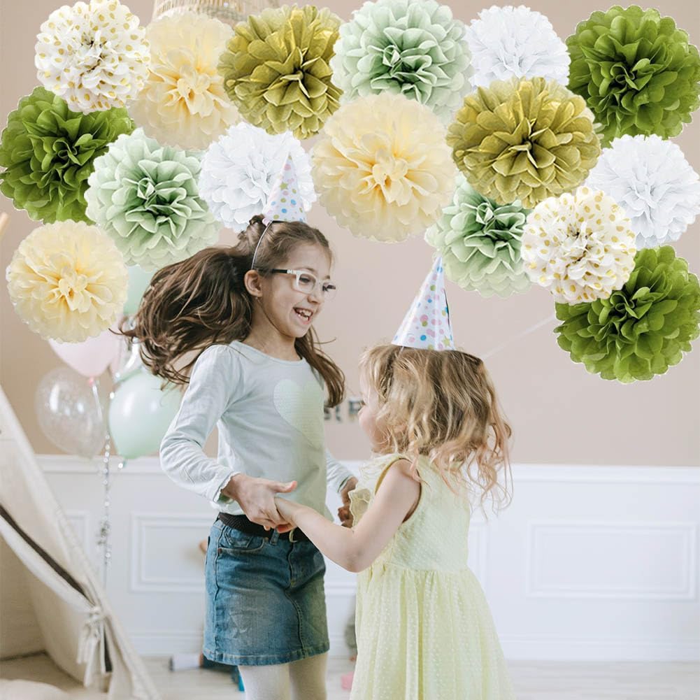 Sage Green Gold White Tissue Pom Poms Party Decor Kit