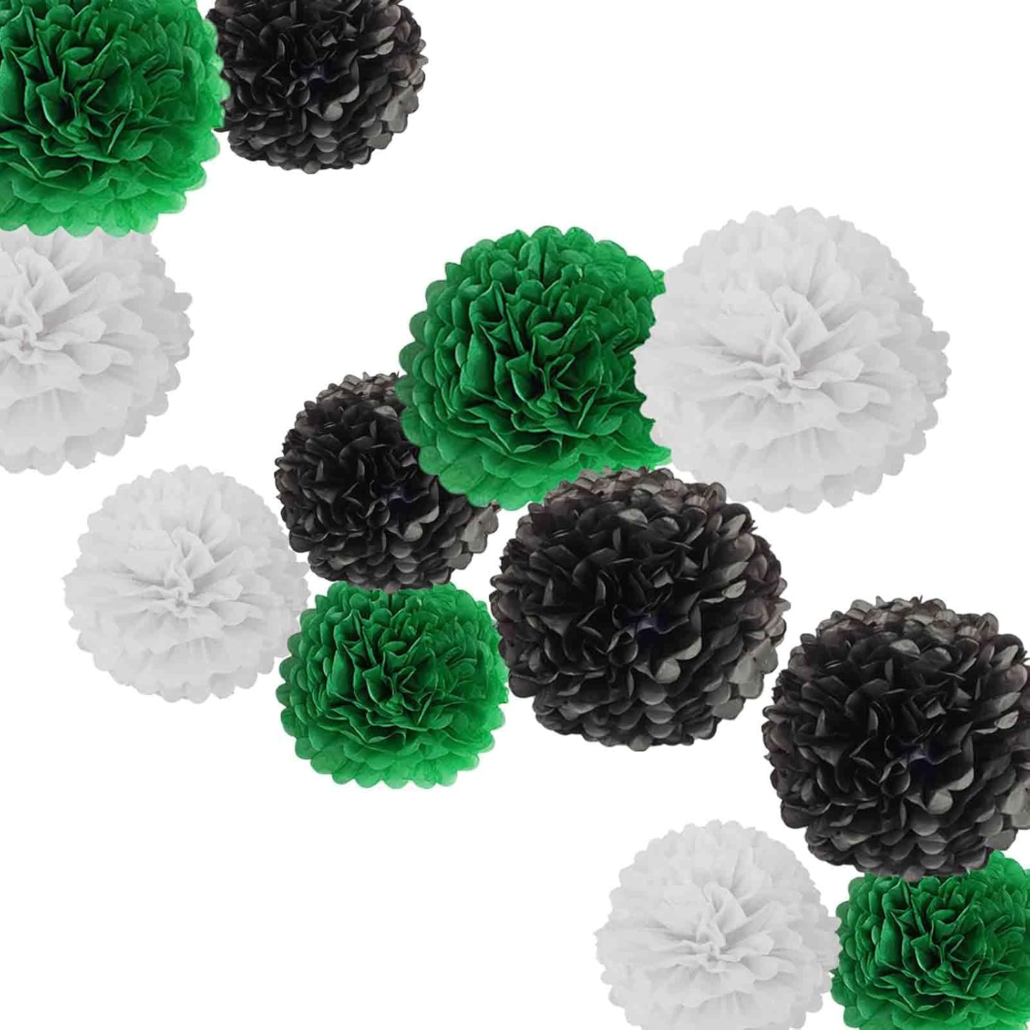 Black Green White Paper Pom Poms - 10inch 12inch Set of 12