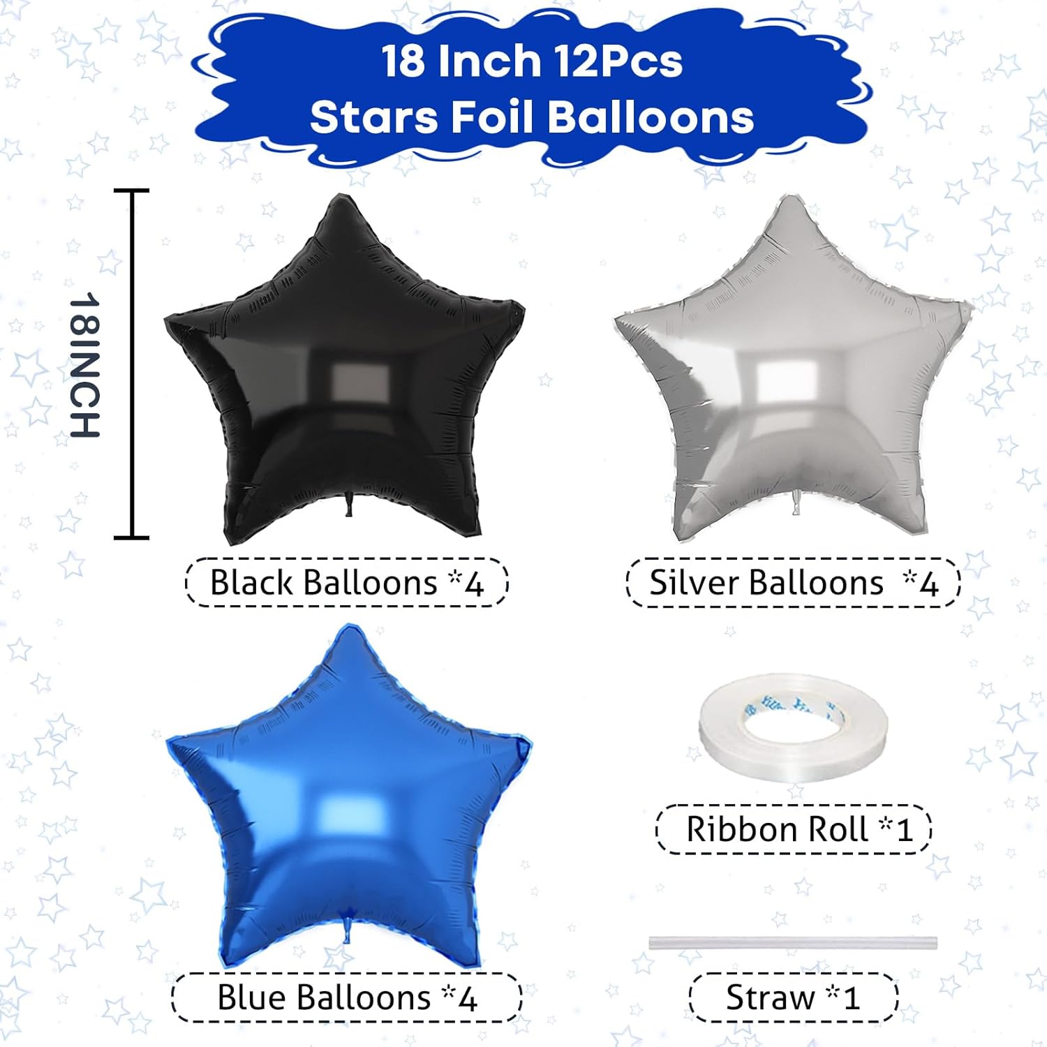 TAOYE Blue Black Star Foil Balloons 12Pcs 18Inch Set