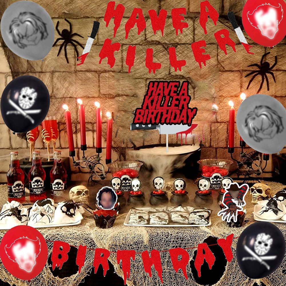 Killer Birthday Decorations Set Balloons Banner Tablecloth Cake Toppers