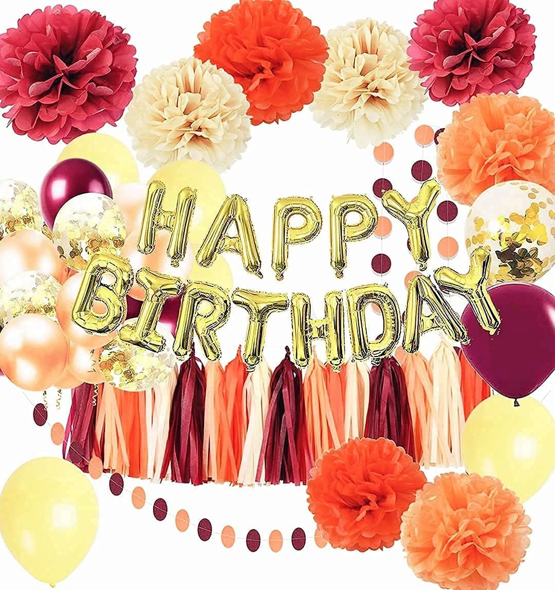 Fall Birthday Balloons with Burgundy Gold Orange Decor