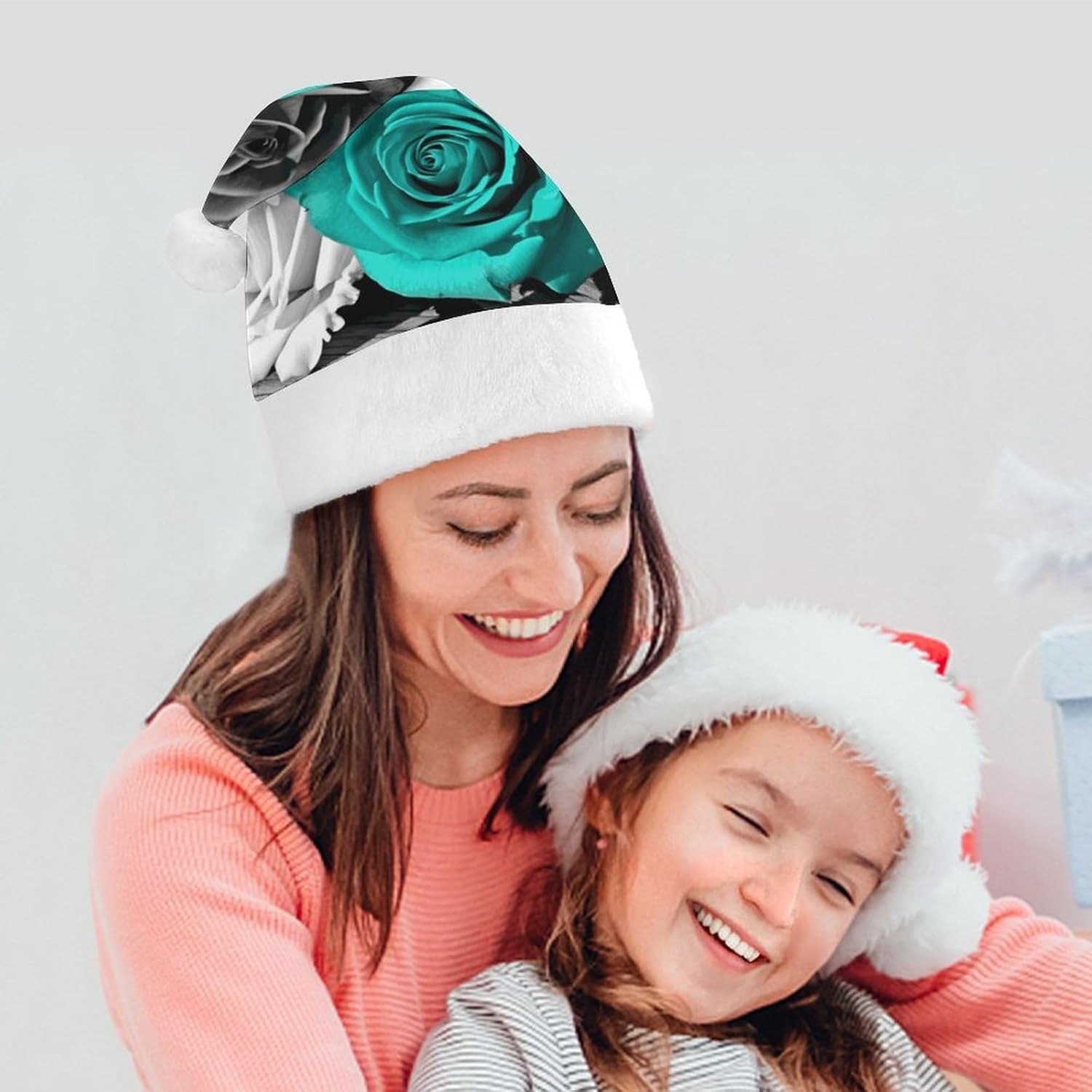 Santa Hat Black White Teal Gray Rose Flowers Christmas Headwear