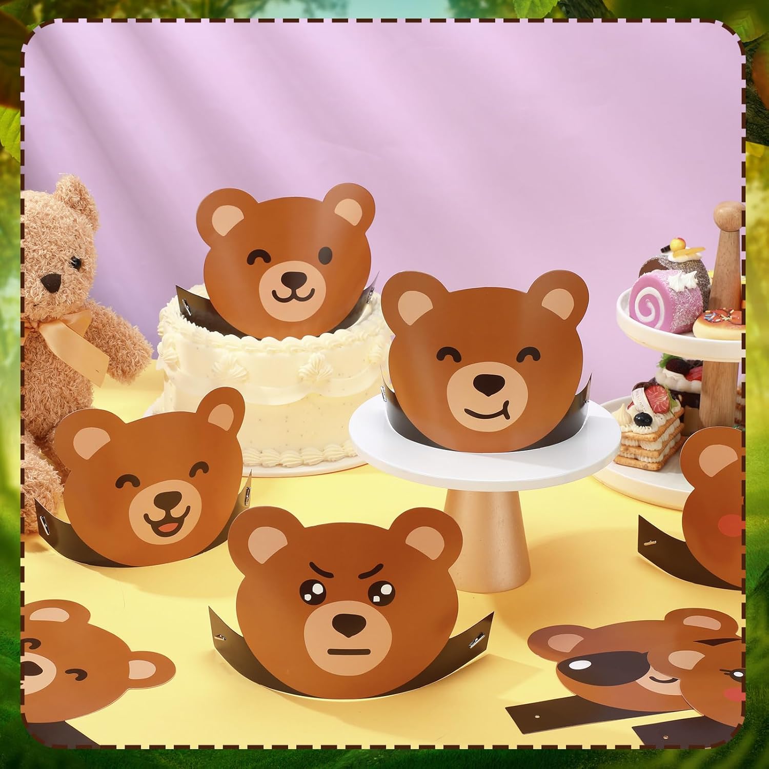 24 Pcs Bear Themed Party Hats with Ropes for Kids Birthday