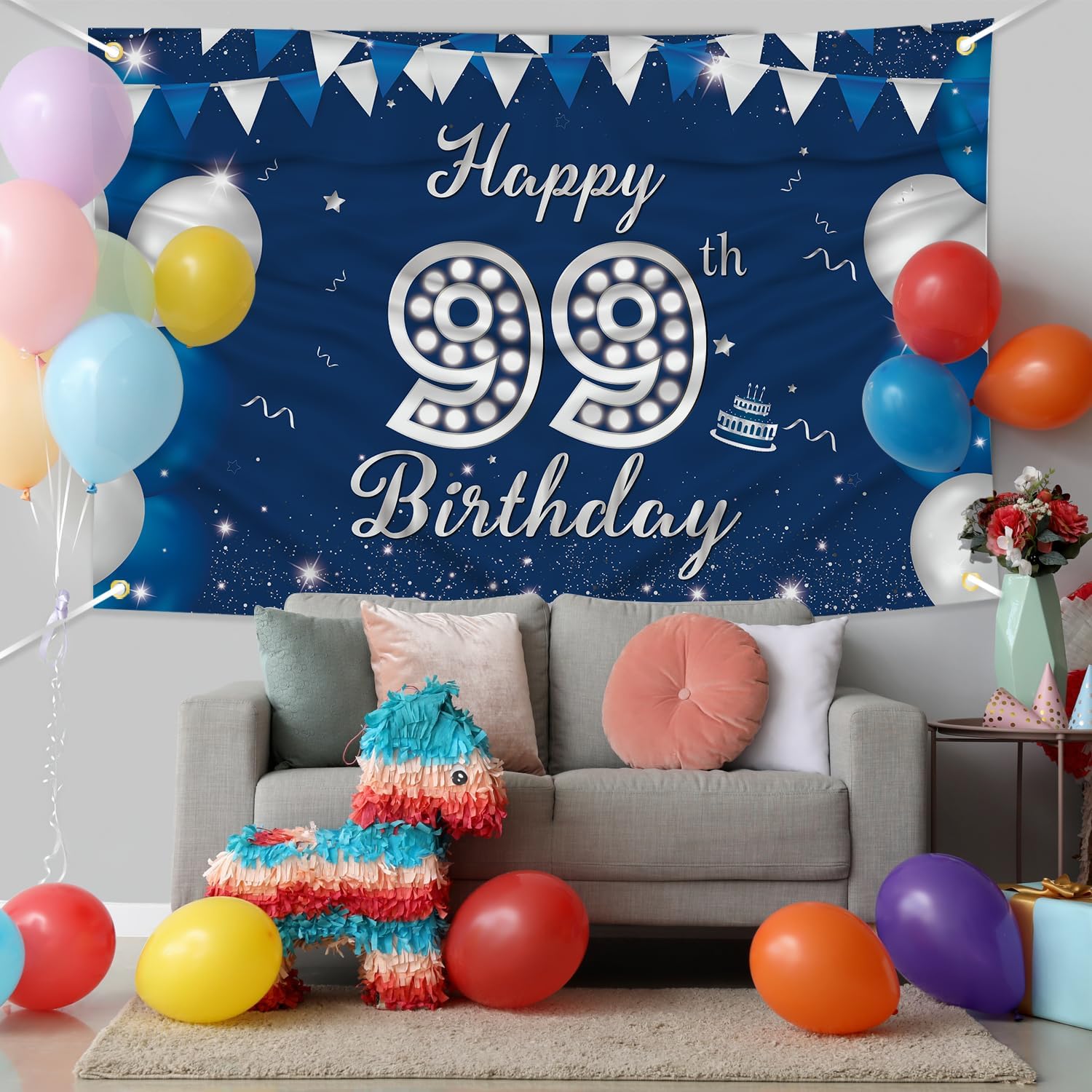 JOYKY Happy 99th Birthday Banner Blue Silver