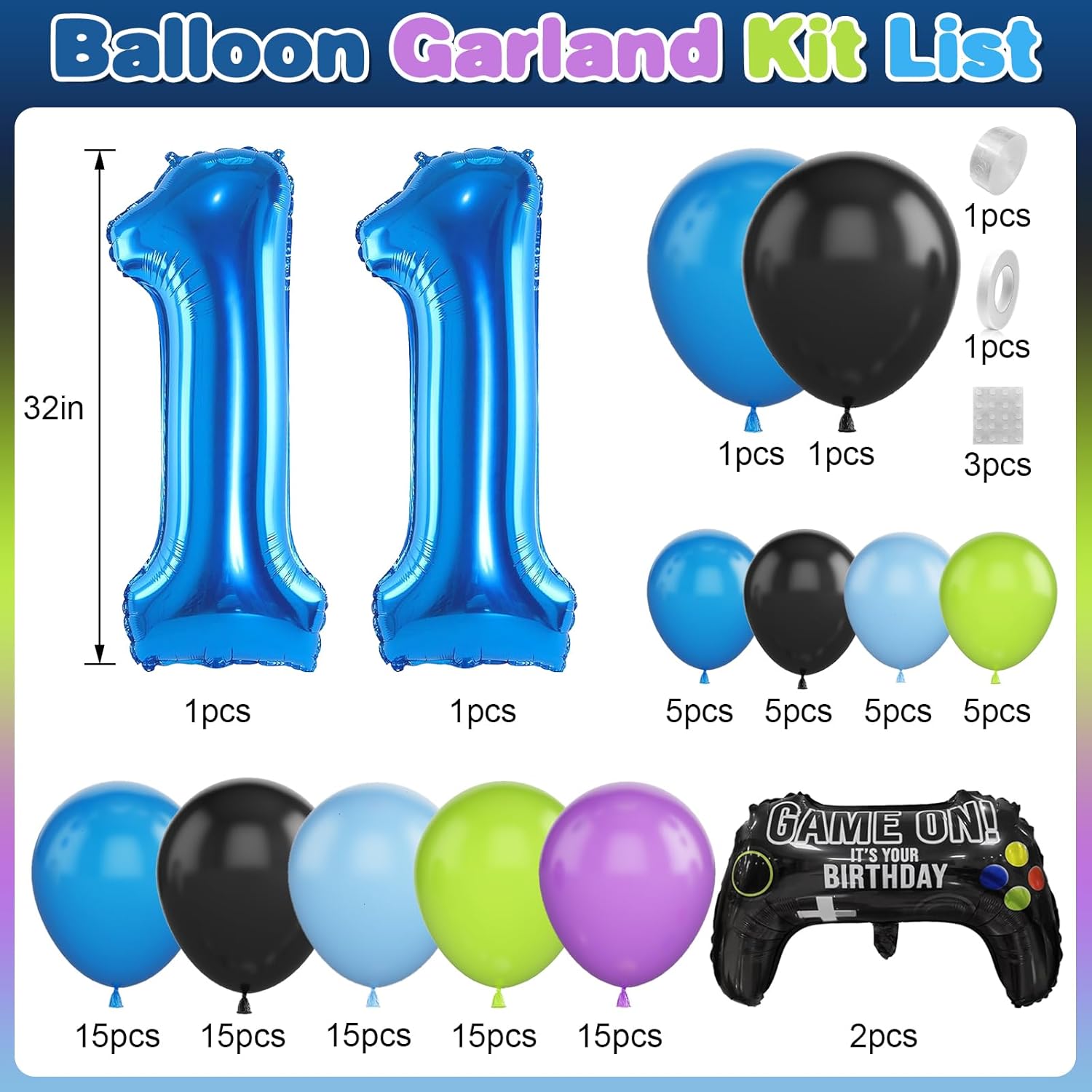11th Birthday Game Balloons Arch Kit