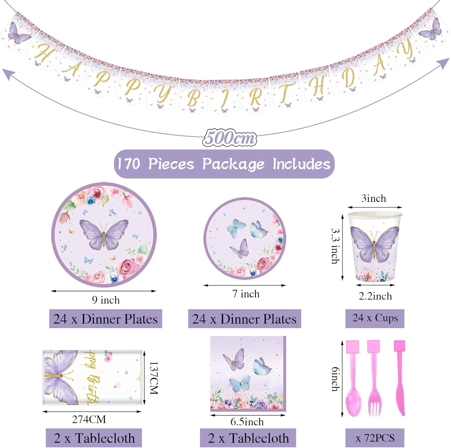 Butterfly Birthday Party Supplies Set for 24 Guests