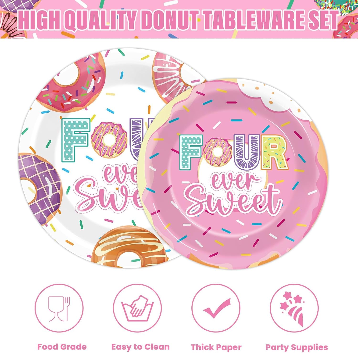 96 Pcs 4th Birthday Donut Party Decor Set