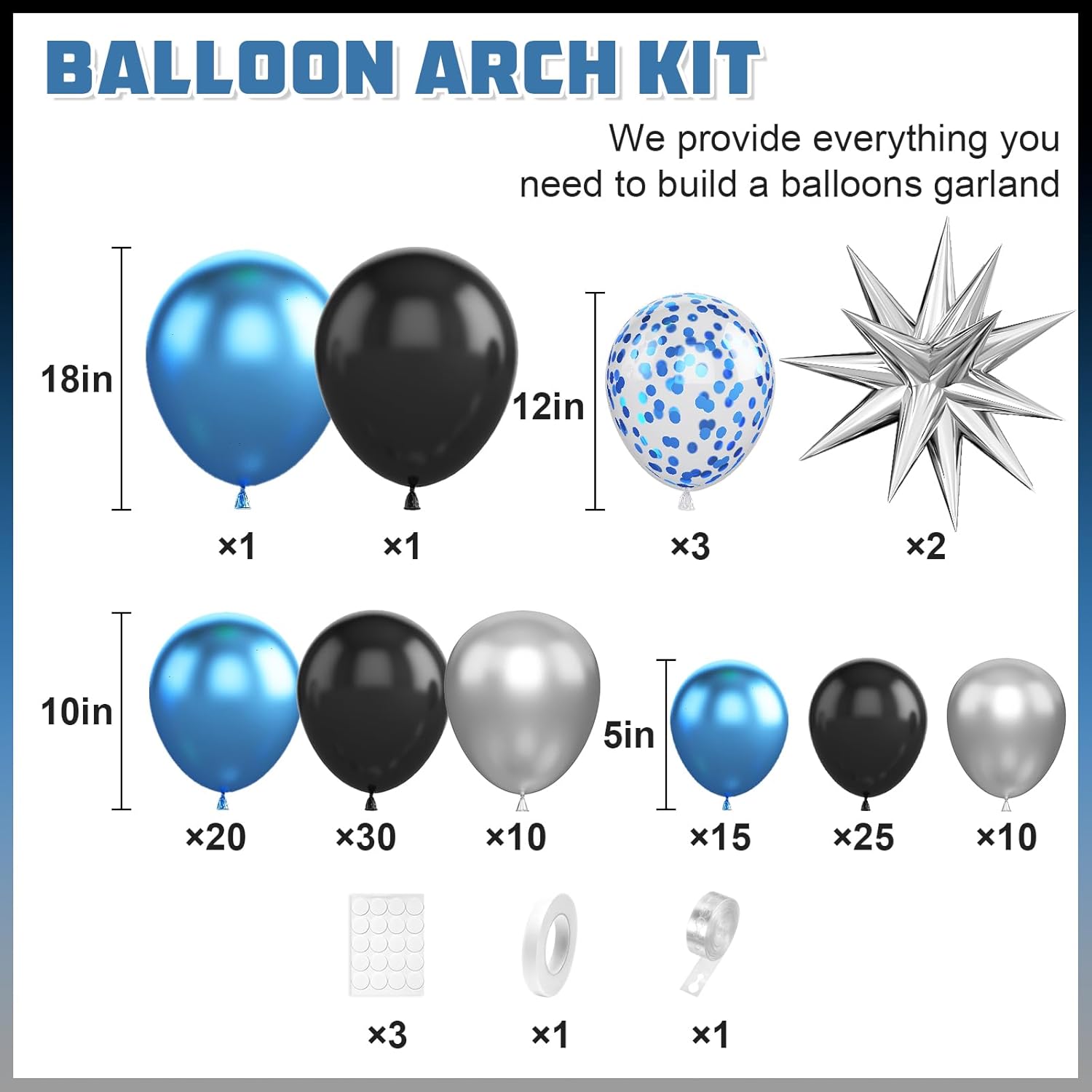 Blue Silver Black Balloon Arch Kit for Party Decorations