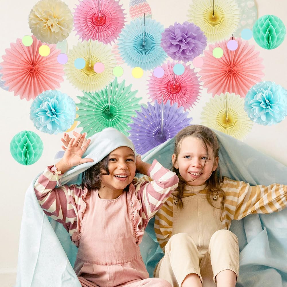 Pastel Party Decorations Kit 4pcs Fans 6pcs Pom Poms