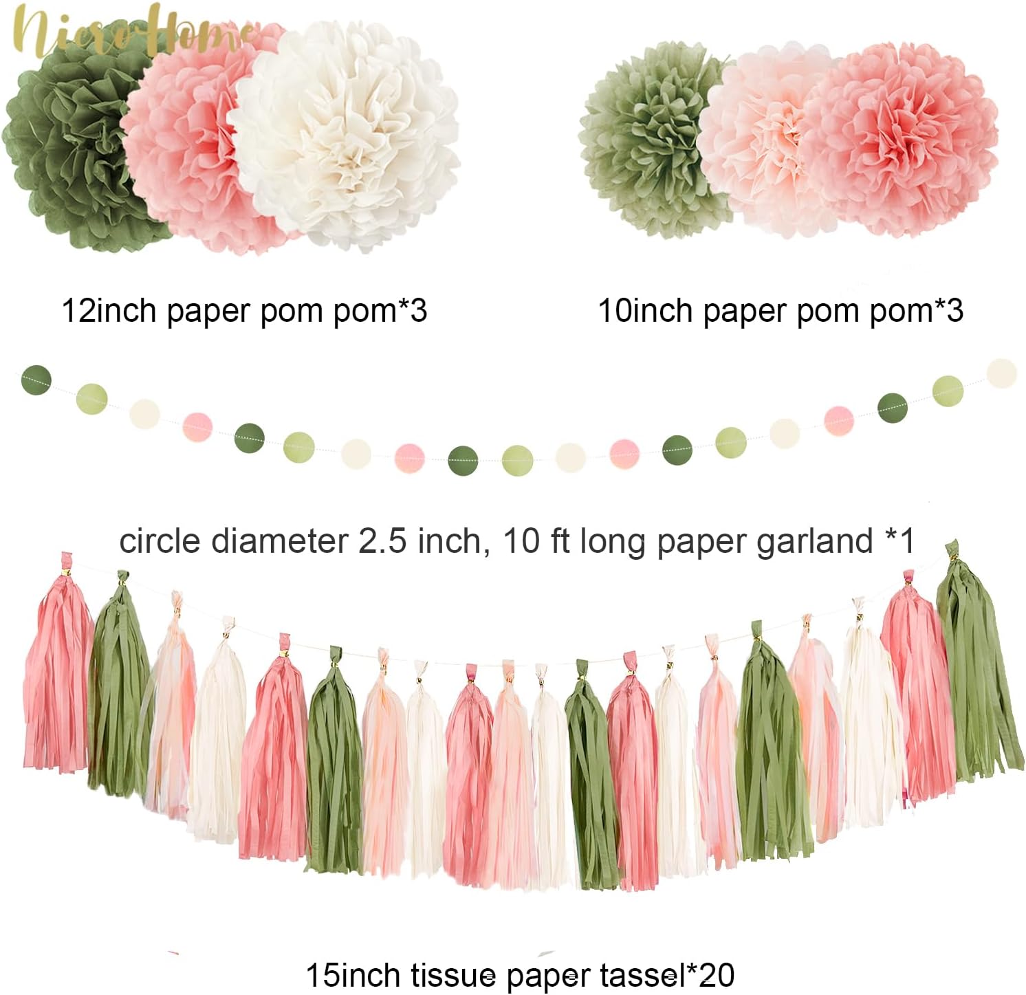 Pink Sage Green Tissue Paper Pom Poms Decor Kit
