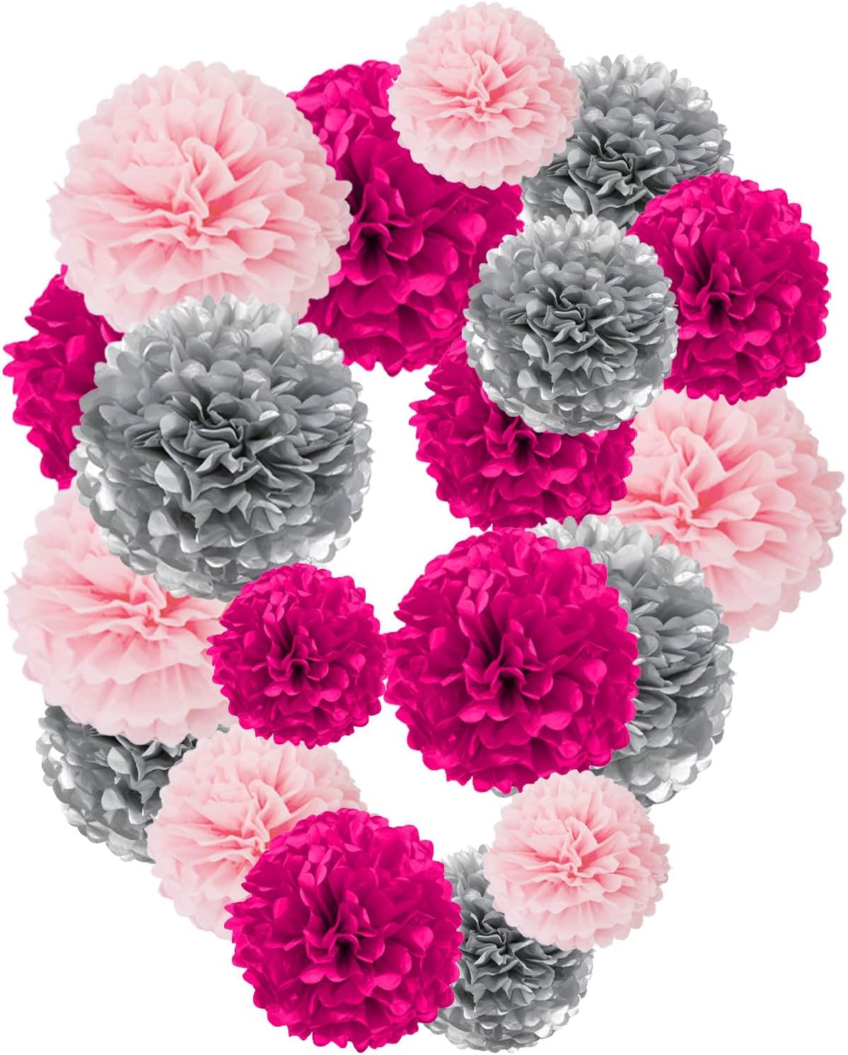 Rose Red Pink and Silver Paper Pom Poms 12PCS Set