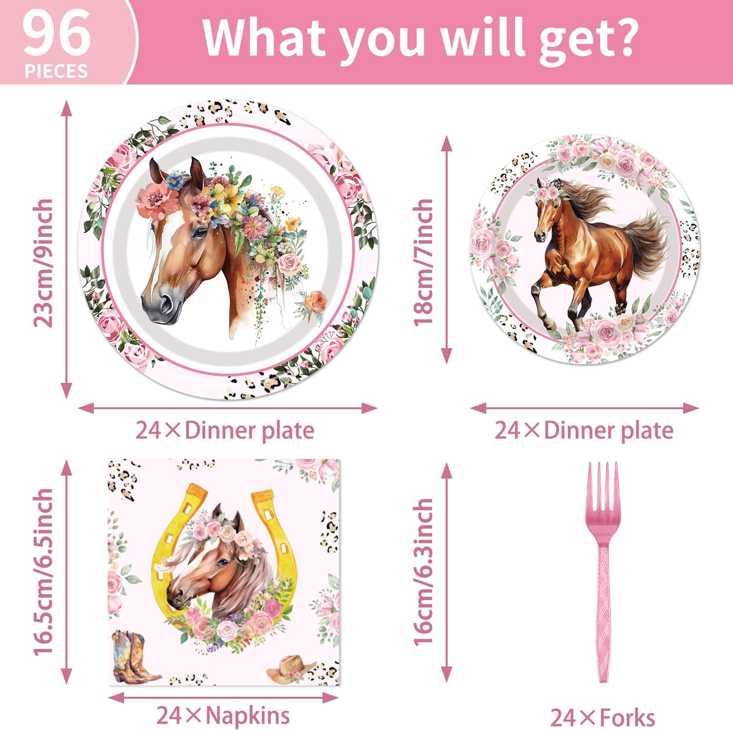 Horse Themed Party Tableware Set - 96 Pcs for 24 Guests