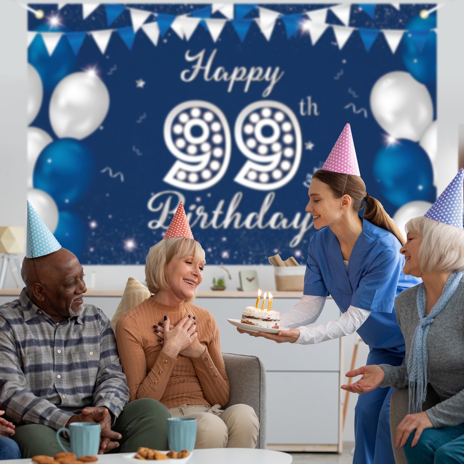JOYKY Happy 99th Birthday Banner Blue Silver