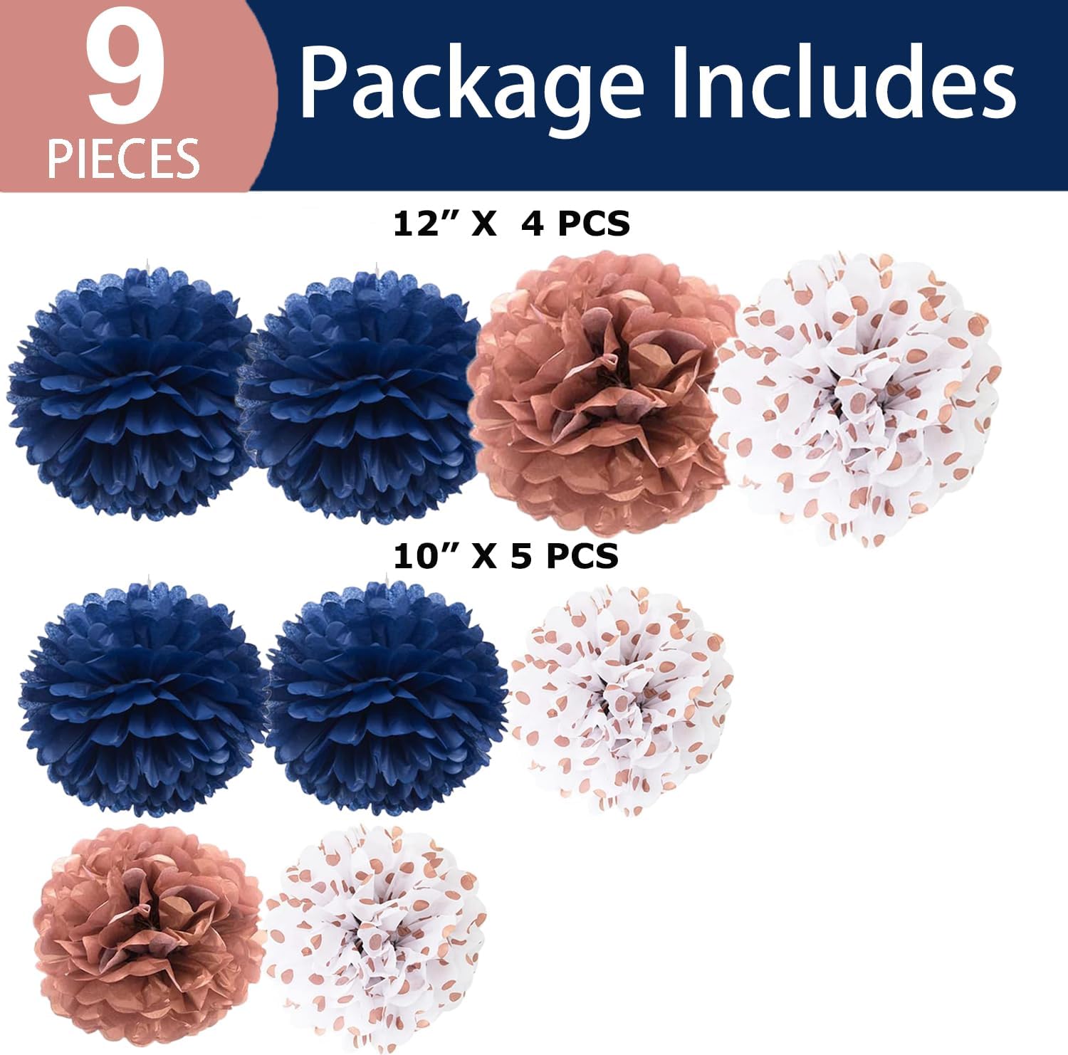 Navy Blue Rose Gold Tissue Pom Poms Decorations 9 Pack